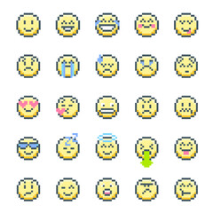 Poster - cartoon color pixelated 8 bit emoticon with different emotions cute faces set. vector illustration o