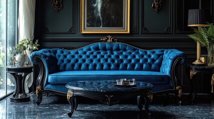 Poster - A blue couch sits next to a table in a cozy living room setting