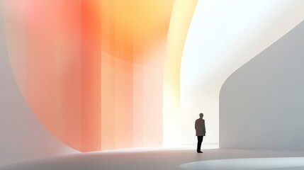 Poster - Abstract Scene with Light and Color Gradients Featuring a Solitary Figure in a Modern Environment