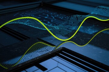 Poster - Abstract digital waveform visualization, glowing neon lines on dark tech background.