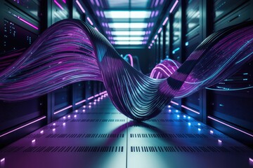 Poster - Glowing fiber optic cables snake through a modern server room, symbolizing high-speed data transfer and digital connectivity.