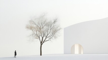Poster - Minimalist Design Featuring a Solitary Figure Against a White Background with a Tree and Architectural Elements