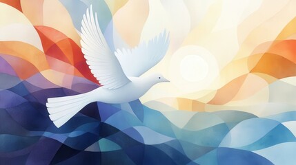 Poster - Serene White Bird Flying Through Colorful Waves of Soft Hues and Harmonies in a Dreamy Abstract Landscape