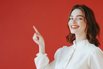 Poster - A woman in a white shirt is pointing at something, possibly a object or a direction