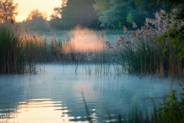 Poster - Misty sunrise over a tranquil lake, reeds reflecting in the calm water.
