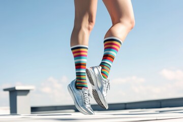 Poster - A pair of colorful socks on a woman's legs, great for fashion and lifestyle images