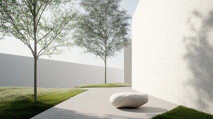 Poster - Tranquil Modern Outdoor Space Featuring Minimalist Design and Natural Elements with Soft Lighting and Greenery