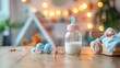 © liliyabatyrova - Soft pastel feeding bottles filled with milk sit beside colorful toys on a rustic wooden table, creating a warm and inviting atmosphere in a charming nursery delight