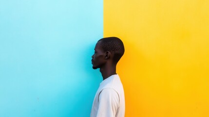 Poster - Vibrant Profile Portrait Against Colorful Backdrop Showcasing Harmonious Blue and Yellow Hues of Urban Photography