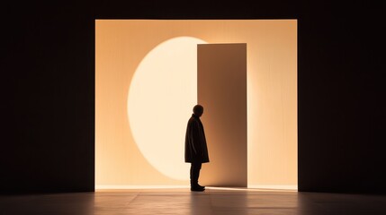 Poster - A Contemplative Designer Stands in Front of an Illuminated Doorway Symbolizing Choices and Purposes in Life's Journey