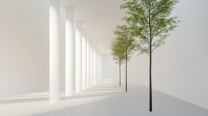 Poster - Serene Architectural Space with Vertical Columns and Lush Green Trees Enhancing Minimalist Aesthetics