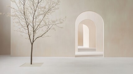 Poster - Tranquil Minimalist Space with Tree and Archways Showcasing Natural Harmony and Design Purity