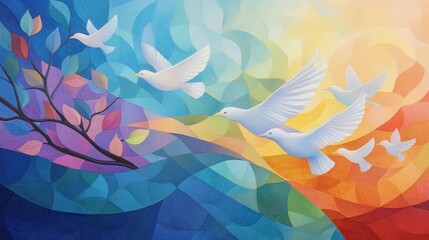 Poster - Colorful Abstract Illustration of Birds in Flight with Harmonious Hues and Flowing Shapes
