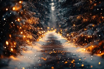 Poster - A serene winter scene featuring a snow-covered road amidst a dense forest