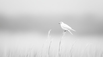 Poster - Serene White Bird Perched Gracefully on a Reed in a Softly Blurred Landscape of Minimalistic Harmony