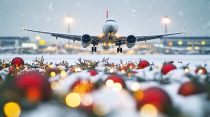 Poster - A large commercial airplane soaring above a winter landscape, with a white blanket of snow covering the ground