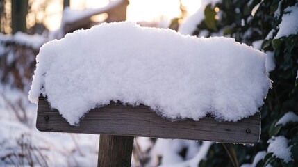 Wall Mural - A wooden sign stands covered in snow next to a winter bush, perfect for seasonal decorations or winter scenes