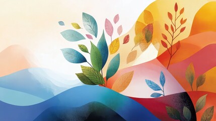 Poster - Vibrant Abstract Landscape Illustration Featuring Colorful Leaves and Gentle Waves for Creative Projects