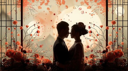 Wall Mural - Flat design portrays a wedding blending traditions from two cultures into one beautiful celebration