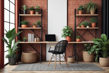 Creative composition of Brick Red office interior, wooden desk, rattan sideboard, chair