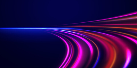 Poster - Light trail wave, fire path trace line, car lights, optic fiber and incandescence curve twirl. Big data traffic visualization, dynamic high speed, png, effect. Vector glowing lines air flow effect. 