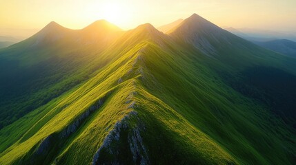 Aufkleber - A serene landscape with the sun setting behind a lush green mountain, ideal for use in environmental or travel-related contexts