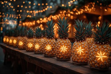Poster - Fresh pineapples arranged on a rustic wooden table