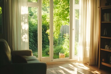 Aufkleber - A comfortable living room with modern furniture and a big window letting in natural light