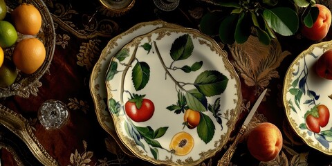 Poster - A colorful arrangement of fresh fruits on a table with plates and bowls