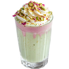 Refreshing pistachio and rose milkshake topped with whipped cream and nuts.