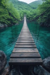 Poster - A suspension bridge spanning a river in a dense forest setting, suitable for use in illustrations about nature, travel or adventure