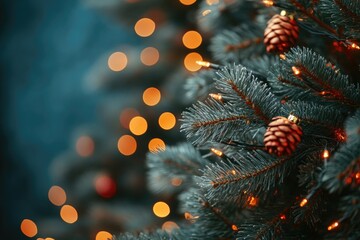 Poster - A close-up shot of a Christmas tree lit up at night, suitable for holiday-themed uses such as cards or decorations