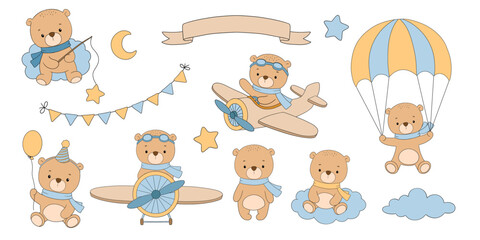 Wall Mural - Cute baby bear pilot on airplane, with parachute and balloon, vector hand drawn illustrations set isolated on white background for kids