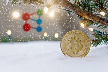 Poster - A bitcoin coin sitting on top of a snow-covered ground, a cold and icy landscape