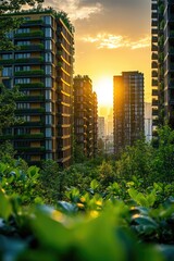 Poster - Tall buildings and streets at sunset