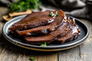 Poster - A dish of meat served on a black plate, ready for consumption