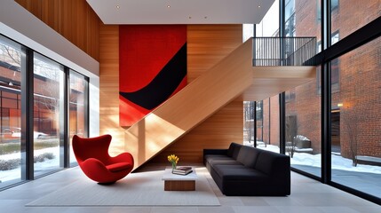 Poster - spacious indoor area showcases a bold red chair and a sleek wooden staircase. Large windows reveal a snowy urban landscape, enhancing the contemporary atmosphere of the space
