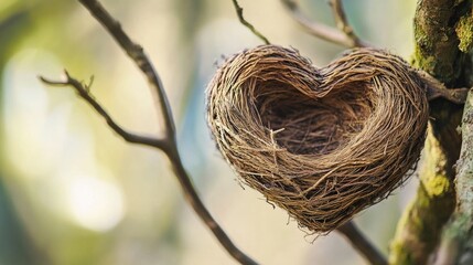 Aufkleber - A heart-shaped bird nest hangs from a tree branch, providing a cozy home for birds