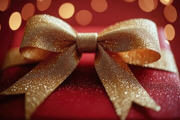 Poster - A red gift box wrapped with a gold bow, ready for giving or receiving