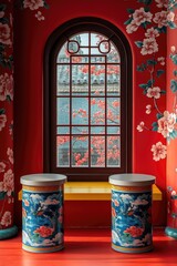 Poster - A cozy red room with a bench and a window
