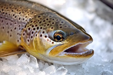 Poster - A close-up shot of a fish lying on a bed of ice, perfect for winter or aquatic-themed designs