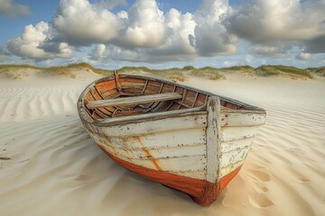Poster - A lone boat sits peacefully on a sandy beach, perfect for a serene coastal scene or a relaxing vacation mood