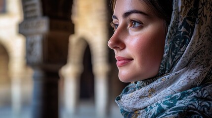 Aufkleber - A person looking out a window with a headscarf on, suitable for use in various situations where someone is lost in thought or admiring a view