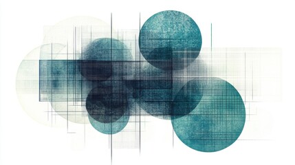 Fototapete - Abstract Geometric Composition with Circles and Grids in Teal and Blue Shades