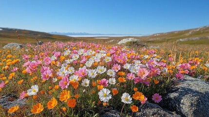 Poster - A scenic view of mountains with a field of colorful wildflowers in the foreground