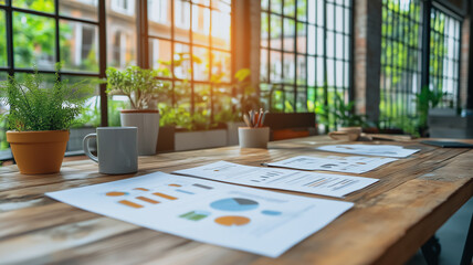 Poster - a wooden desk with charts and a cup of coffee. The window is open and the sun is shining through, casting a warm glow on the desk