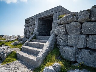 Ancient stone structure, coastal clifftop, sunny day, historical site, travel