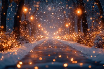 Poster - A snowy road lit up by streetlights and other lighting sources, perfect for winter scenes or nighttime shots