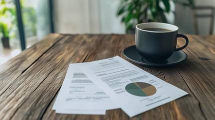 Poster - Morning Coffee with Data: A cup of steaming coffee rests alongside a financial report, symbolizing the daily grind and the constant need for analysis and strategic planning in a business world. 