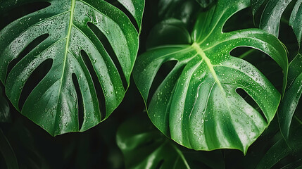Wall Mural - lush, tropical monstera leaves, close-up, rain drops, vibrant green, nature's backdrop